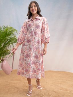 VISHUDH - Women Floral Print Midi Collar Dress