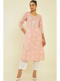 Soch - Women Peach Rayon Floral Kurta (Set of 2)