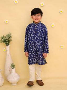 Junitos - Blue Cotton Woven Full Sleeves Printed Kurta & Pyjama