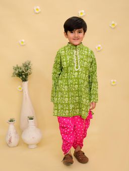 Junitos - Green Cotton Bandhni Print Kurta with Dhoti Pant