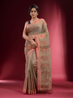CHARUKRITI - Grey with Zari Paisley Motif and Floral Design Saree with Unstitched Blouse