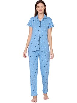 Bodycare - Womens Cotton Printed Night Suit Of Shirt & Pyjama -BSNS18012 Blue (Set of 2)