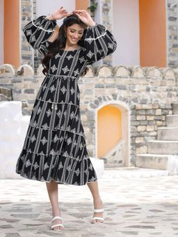 Juniper - Black Geometric Printed Rayon Tiered Midi Dress