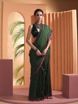 Beatitude - Green Cotton Woven Saree with Unstitched Blouse