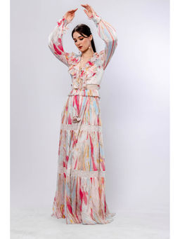MANDIRA WIRK - Floaty Coral Foil Printed Ruffled Neckline Tiered Multi-Colour Maxi Dress