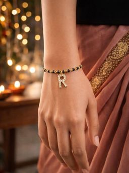 Digital Dress Room - R Letter White Alphabet Gold Plated Mangalsutra Bracelet