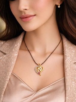 Digital Dress Room - N Letter Multi-Color Heart Short Gold Plated Mangalsutra