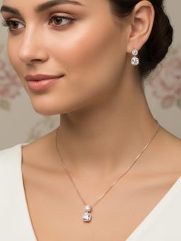 925 SILLER - 925 Pure Silver White Pendant Necklace with Earrings