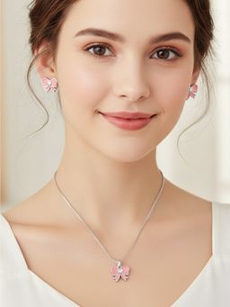 925 SILLER - 925 Pure Silver Pink Pendant Necklace with Earrings