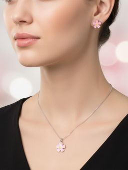 925 SILLER - 925 Pure Silver Pink Pendant Necklace with Earrings