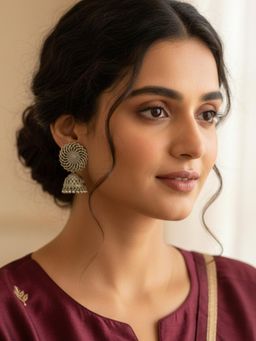 Accessher - Oxidised Silver Round Floral Big Jhumka Earrings