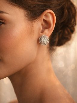 Accessher - White Silver-Tone Rhinestone Floral Stud Earrings