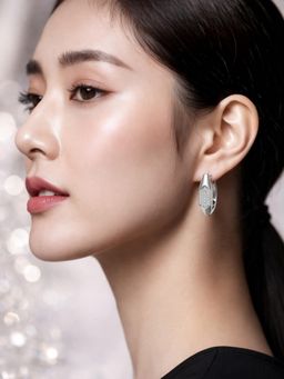 Accessher - White Silver-Tone Geometric Crystal Hoop Earrings