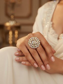 Accessher - White Gold-Tone Multicolour Stone Flower Adjustable Ring