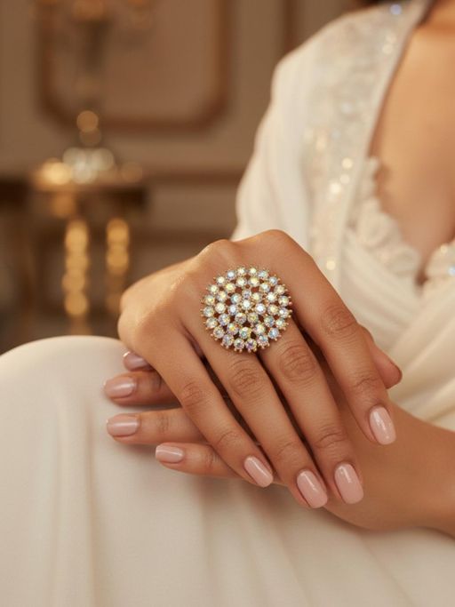 Accessher White Gold-Tone Multicolour Stone Flower Adjustable Ring