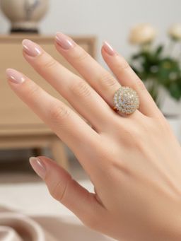 Accessher - White Gold-Tone American Diamond Flower Adjustable Ring