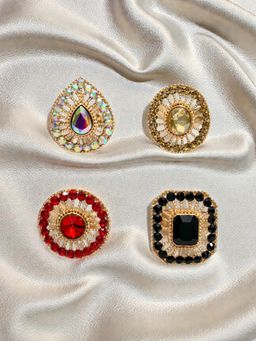 Accessher - Multi-Color Gold-Tone Geometric Adjustable Cocktail Rings