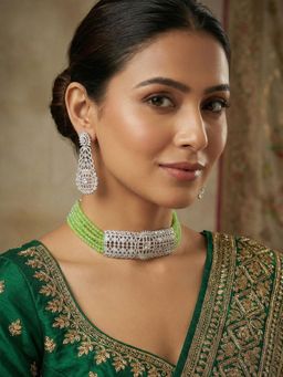 Niscka - Rhodium Plated White Diamond Choker with Earrings