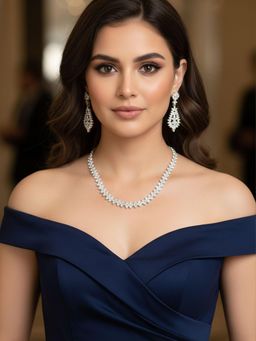 Niscka - Rhodium Plated White American Diamond Necklace & Earrings