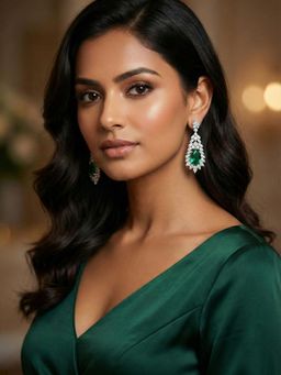 Niscka - Rhodium Plated White And Green American Diamond Earrings