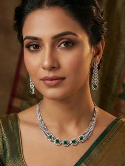 Niscka - Rhodium Plated Multi-Color American Diamond Necklace with Earrings