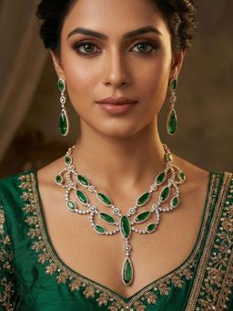Niscka - Gold Plated Green American Diamond Necklace with Earrings