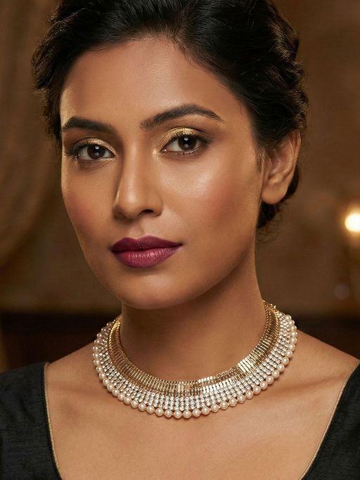 Niscka Elegant Gold Plated White Ad & Faux Pearl Necklace