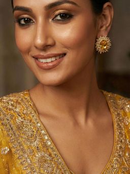 Niscka - Yellow Stones Matte Gold Sun Design Earrings