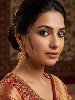 Niscka - Multi-Color Elegant Gold Plated Red And Green Stones Jhumki Earrings