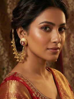 Niscka - Multi-Color Ear Chain And Ghungroos Matte Gold Plated Earrings