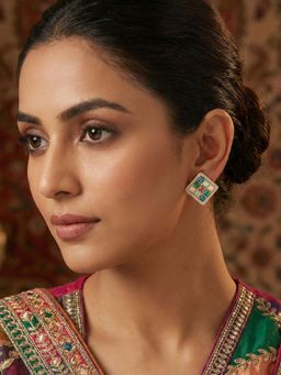 Niscka - Multi-Color Gold Plated Square Navratan Earrings