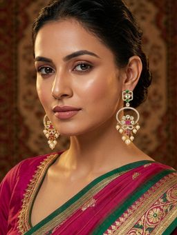 Niscka - Multi-Color Gold Plated Floral Stone And Pearl Long Earrings