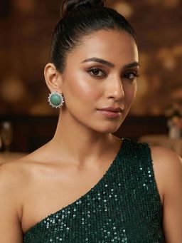 Niscka - Green Ad Stones Rhodium Plated Round Earrings