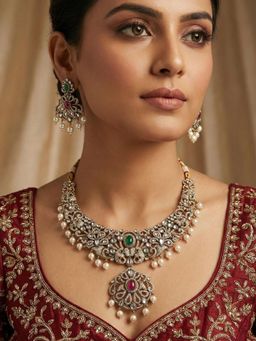 Niscka - Multi-Color Gold Floral Kundan Necklace with Earrings