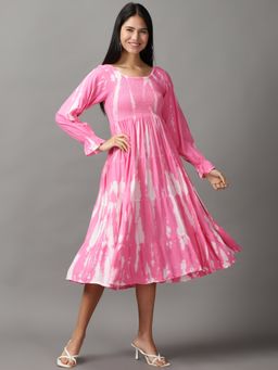 SHOWOFF - Womens Round Neck Midi Pink Tie And Dye Dress