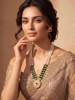ADIVA - Gold-Plated Green And Pink Kundan Pearl Beaded Jewellery Set