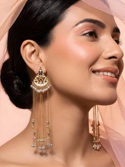 ADIVA - Gold-Plated White Enamel Chandelier Long Chain Kashmiri Drop Earrings