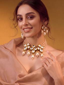 ADIVA - Gold-Plated Kundan Pearl Beaded Floral Choker Necklace Earrings Jewellery Set