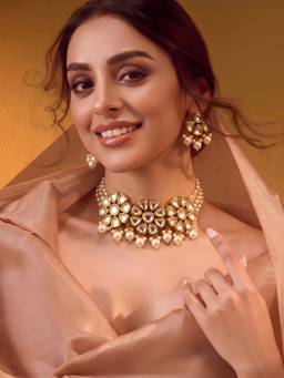 ADIVA - Gold-Plated Kundan White Pearl Beaded Floral Choker Necklace With Earrings
