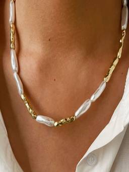 AQUASTREET - Gold And White Bead 18K Gold Plated Waterproof Anti-Tarnish Necklace