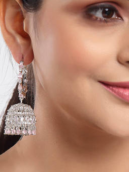 ZENEME - Rhodium-Plated Silver Toned Pink Jhumka Ad Indian Ethnic Earrings