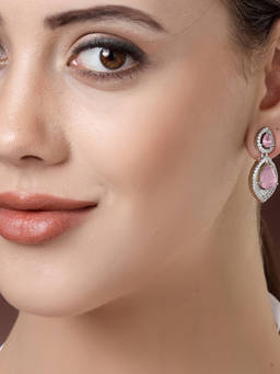 ZENEME - Rhodium-Plated Pink Cat Eye Pear Halo Drop Earrings