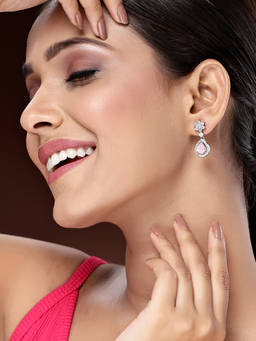 ZENEME - Rhodium-Plated American Diamond Star And Pink Pear Drop Earrings