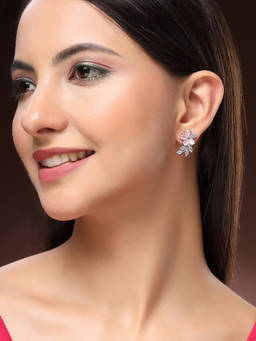ZENEME - Rhodium-Plated Pink Cz Floral Cluster Stud Earrings