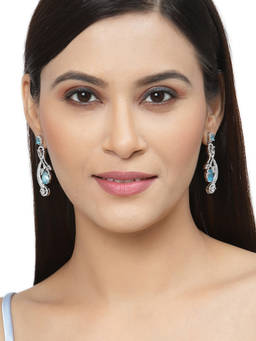 ZENEME - Rhodium-Plated Light Blue Cz Floral Leaf Drop Earrings