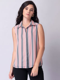 FabAlley - Blush Stripe Sleeveless Button Down Shirt