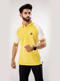 ROYALTAIL - Yellow & White Colorblock Design Collar Neck Half Sleeves Premium Cotton Polo T-shirt