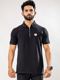 ROYALTAIL - Stylish Black Collar Neck Half Sleeves With Zipper Premium Cotton Polo T-shirt For Men