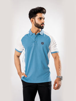 ROYALTAIL - Blue & White Colorblock Design Collar Neck Half Sleeves Premium Cotton Polo T-shirt