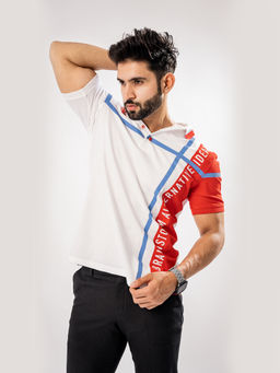 ROYALTAIL - Red & White Colorblock Design Collar Neck Half Sleeves Premium Cotton Polo T-shirt